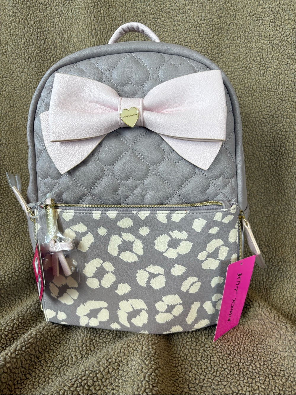 Betsey Johnson Gray Quilted Backpack with Light Pink Bow